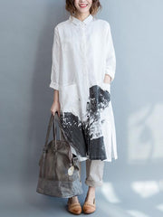 White Linen Lapel Loose Blouse Long Dress