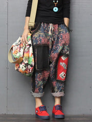Loose Floral Printed Badge Stick Drawstring Harem Pants