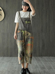 Vintage Printed Jean Splicing Sleeveless Jumpsuit