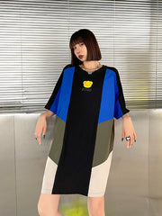 Colorblock Round Neck Print Loose Slim Casual Dress