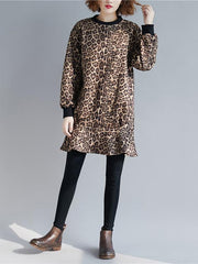 Loose Leopard Falbala Round-neck Short Dress
