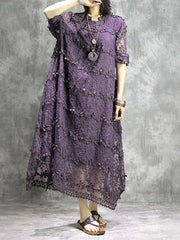 Loose Solid Hollow Flower Embroidered Maxi Dresses