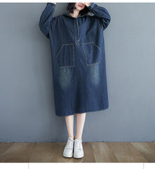 Hooded Denim Loose Splited Maxi Dress
