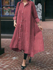 Simple Lapel Long Sleeves Polka Dot Shirt Dress