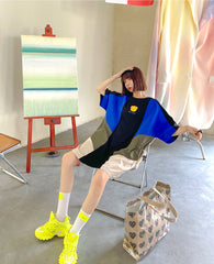 Colorblock Round Neck Print Loose Slim Casual Dress