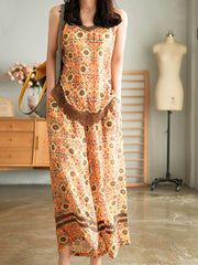 Retro Floral Printed Sleeveless Wide Leg Suit