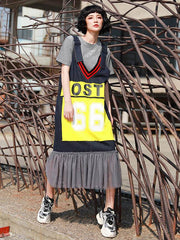 Lettered Print Splicing Mesh Jean V-Neck Suspender Dress