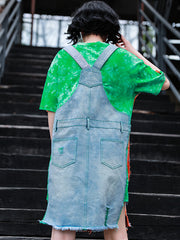 Tie Dye Short Sleeve T-Shirt Loose Stitching Denim Strap Dress