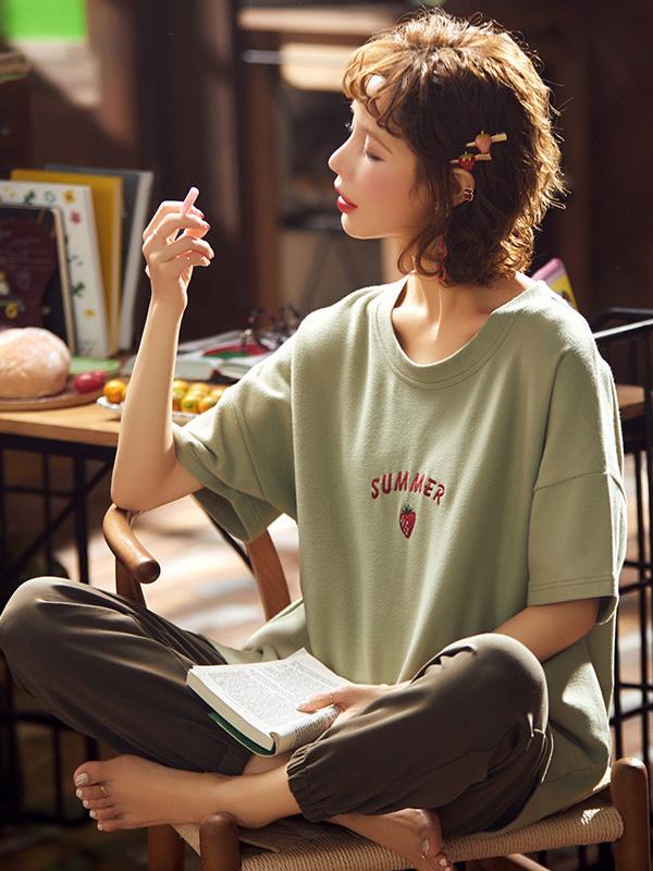Two-Pieces Loose Fruit-Patterned Short Sleeves Pajamas Suits