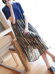 Stripe Splicing Pleated Empire Midi Dress