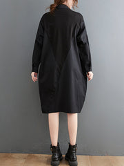 Solid Color Stitching Long-Sleeved Shirt Midi Dress