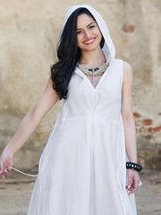 White Sleeveless V-Back V-Neck Lace-Up Long Dress