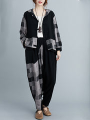 Women Retro Plaid Stitching Two-Piece Suit