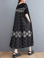 Splicing Print Round Collar Casual Short Sleeve Dress