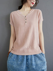 Women Solid Color V-Neck Buttoned Loose Short Sleeve T-Shirt