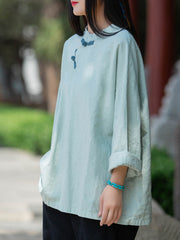 Women Retro Loose Color Matching Plate Button Shirt