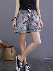 Vintage Loose Printed Elastic Waist Jeans Shorts