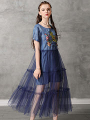 Mesh Split-joint Embroidered Midi Dress