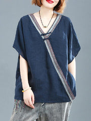 Loose Linen Frog V-neck T-shirt