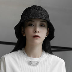 Simple Black Pleated Jacquard Fisherman Hat