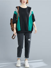 Women Contrast Stitching Round Neck Pullover Sweatshirt