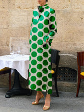 Long Sleeves Loose Polka-Dot Split-Side Stand Collar Midi Dresses