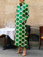 Long Sleeves Loose Polka-Dot Split-Side Stand Collar Midi Dresses