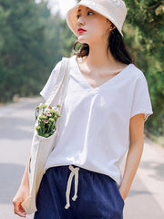 Simple Solid V-Neck T-Shirts Tops