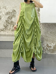 Roomy Sleeveless Pleated Pure Color Round-Neck Midi Dresses