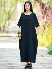 Black Soft Split-joint Ramie Cotton Long Dress