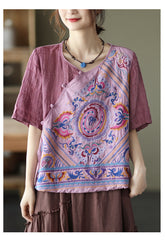 Vintage Embroidered Floral Stitching Linen Shirt