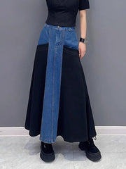 Buttoned Contrast Color Split-Joint A-Line Roomy Denim Skirts Bottoms