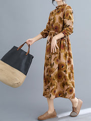 Women Retro Print Stand Collar Dress