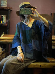 Original Retro Plaid V-neck Linen T-shirt