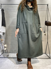 Casual Hooded Drawstring Maxi Dress With Large Pockets