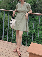 Original Solid V-Neck Puff Sleeve Dress