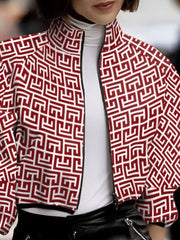 Loose Puff Sleeves Printed Stand Collar Outerwear