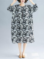 Loose Chiffon Plants Print Round-neck Long Dress+Black Jumper Skirt