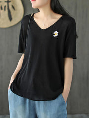 Loose Daisy Embroidered V-Neck T-Shirts