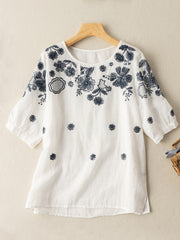 Embroidered Loose Round Neck Short Sleeve T-Shirt Top