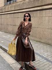 Retro High Waist Solid Color Leather Skirt