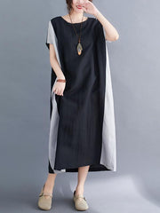 Loose Contrast Color Split-Joint Round Neck Dress
