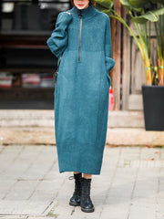 Women High Collar Thick Loose Casual Dress