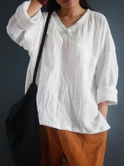 3Color Comfortable National Style Botton Blouses