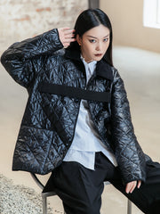 Simple Black Loose Solid Color Plaid Cotton Outwear