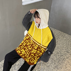 Retro Hooded Loose Sweater Stitching Denim Contrast Hole Sweatshirt