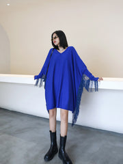 V-Neck Stitching Long Sleeve Knitted Dress