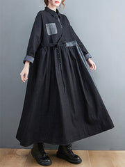 Denim Lapel Patchwork Loose Midi Dress