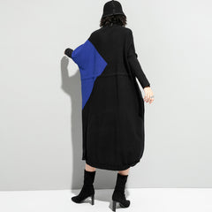 High Neck Knit Color Block Drawstring Midi Dress