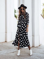 Long Sleeve Tie Button Printed Shirt Dress